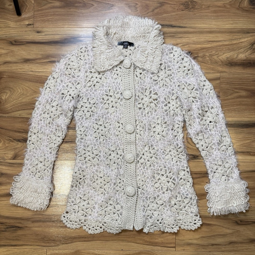 VTG y2k‎ Sz S/M Crochet Cardigan Jacket Floral Cottagecore Retro Boho Whimsical